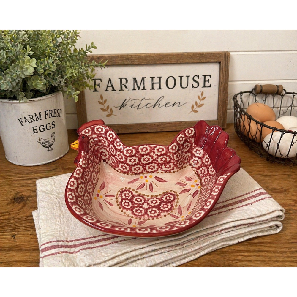 Temp-tations Old World Red Chicken Hen Bowl Stoneware Ovenware Farmhouse 0.5 Qt